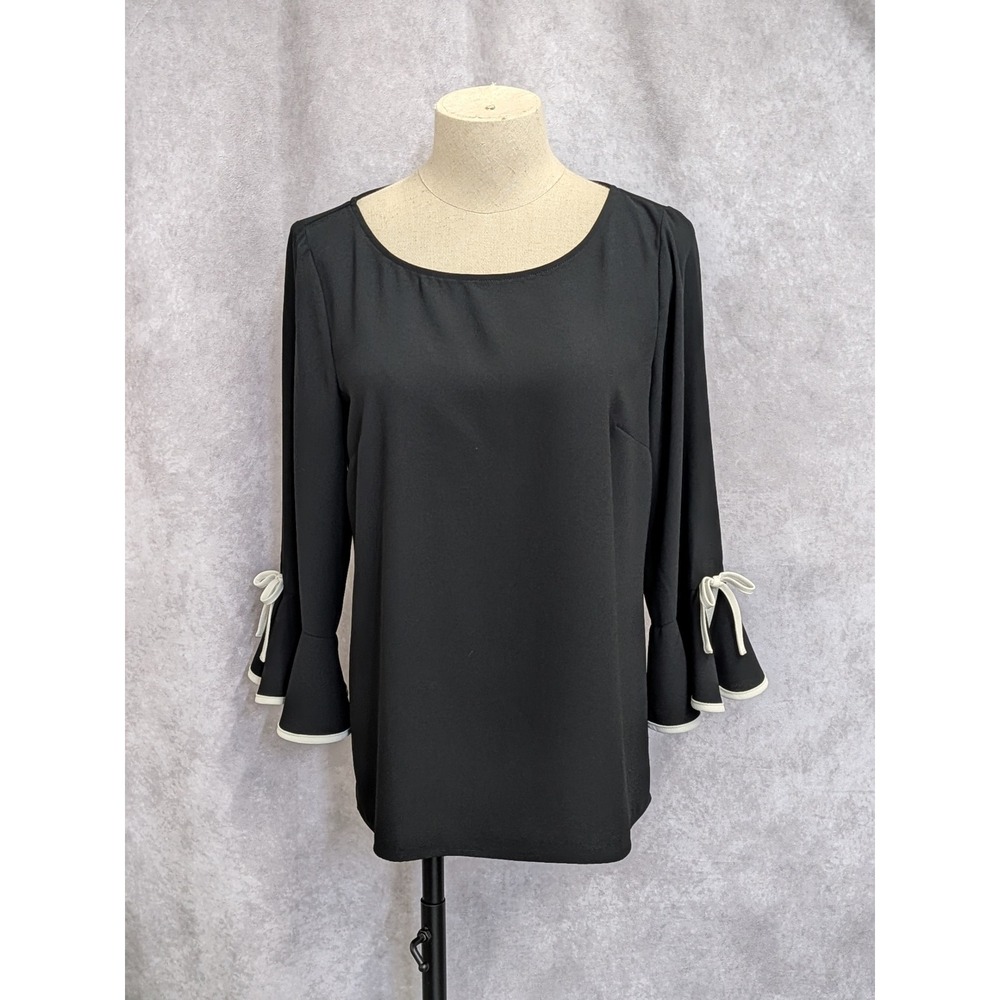 Talbots Womens XS Black Bell‎ Sleeve Blouse White Trim Bow Detail Scoop Neck Top